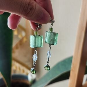 Handmade green bead silver earrings